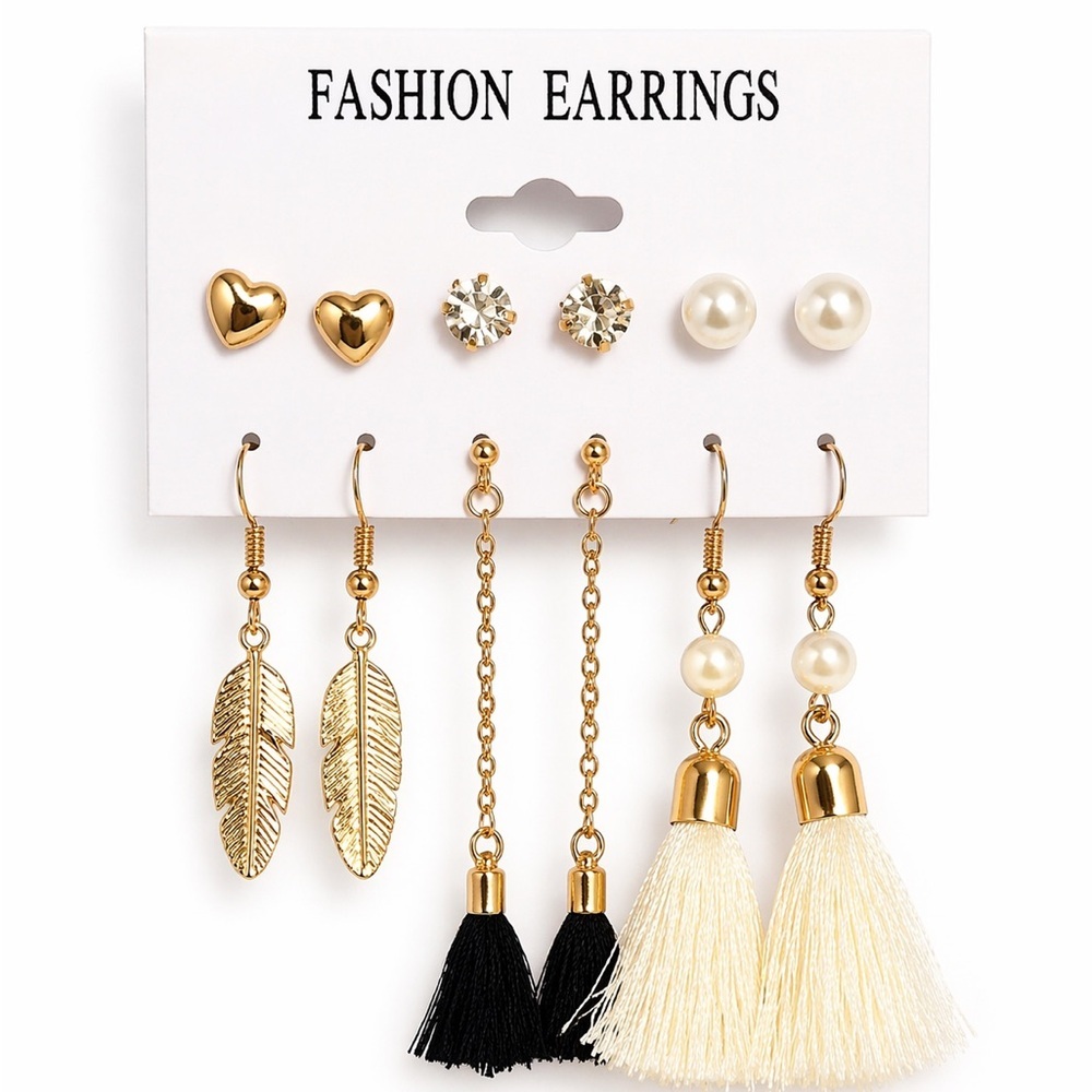 Gold Tone Multi Style Earring Set Tassel Pearl Rhinestone Heart Boho Chic​